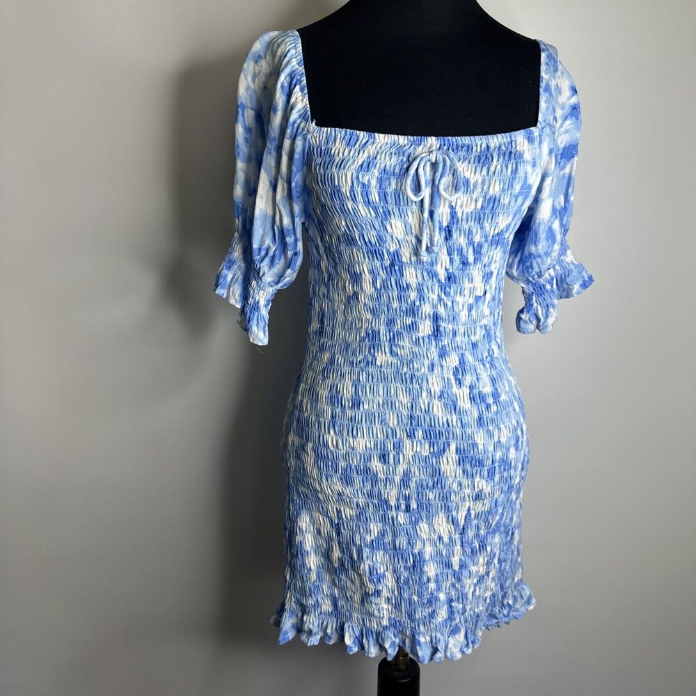 Faithfull the Brand Magnolia Mini Dress Sz 4 Small Blue Floral Tie Dye Smocked - Picture 2 of 11